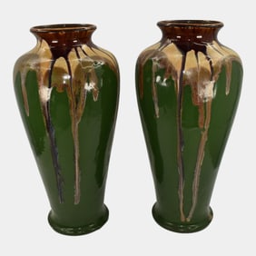 European Vintage Art Pottery Green Drip Ceramic Vases 2130
