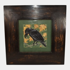 Terracroft Art Pottery Matte Green Black Crow On Branch Tile