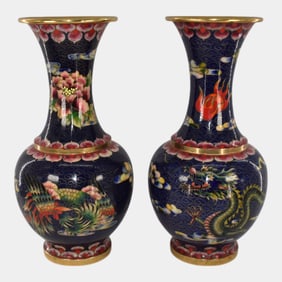 Chinese Cloisonne Enameled Brass Dragon Peacock Blue Vases