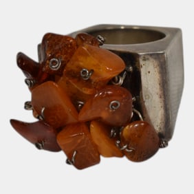 Johnny Mike Begay Vintage Chunky Sterling Silver Amber Ring