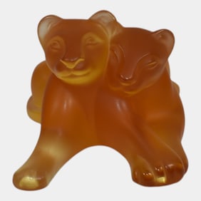 Lalique Crystal France Tambwee Lion Cubs Amber Tone Sculpture