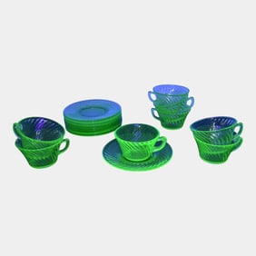 Uranium Green Depression Glass Set Of 8 Cups And Saucers