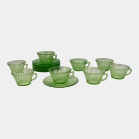 Uranium Green Depression Glass Set Of 8 Cups And Saucers
