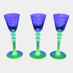 Uranium Green Stem Depression Glass Set Of 3 Cordials