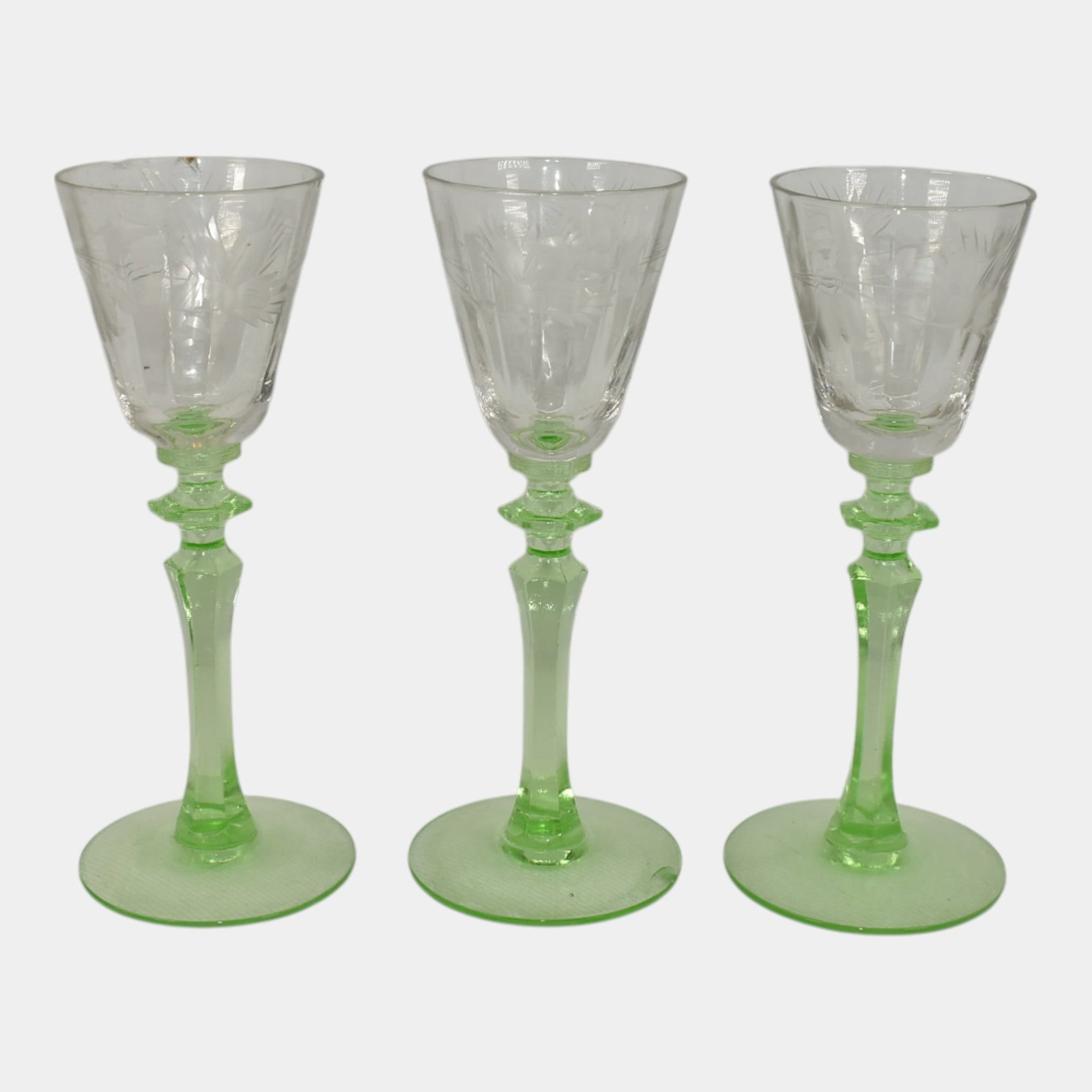 Uranium Green Stem Depression Glass Set Of 3 Cordials (1 of 5)