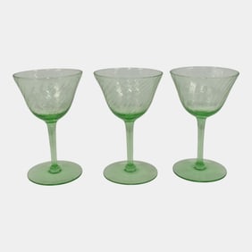 Uranium Green Depression Glass Set Of 3 Stemware Glasses