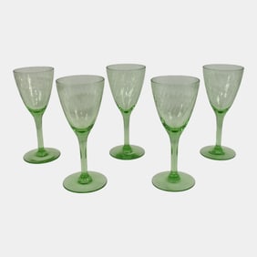 Uranium Green Depression Glass Set Of 5 Stemware Glasses