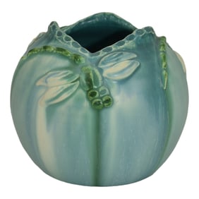 Ephraim Faience Pottery Blue Dragonfly Ceramic Vase A17