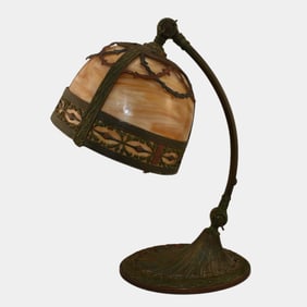 Arts And Crafts Brown Swirl Slag Glass Patinated Metal Desk Lamp