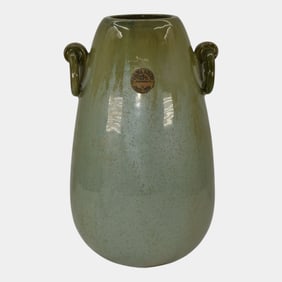 Fulper Art Pottery Large Green Flambe Ring Handled Vase 574