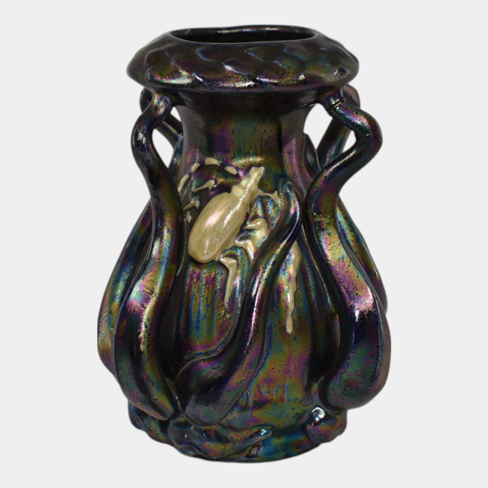 Heliosine Austrian Pottery Iridescent Glaze Art Nouveau Vase: We offer in house shipping on all items. Plus spend $2000 on winning bids and your shipping is free. Heliosine Austrian Pottery Iridescent Glaze Art Nouveau Vase Nice form with great color and glaze.E