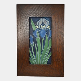 Motawi Tileworks Hand Made Art Pottery Blue Green Iris Ceramic Framed Tile