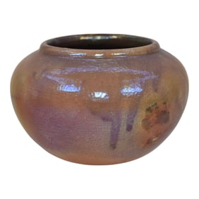 Pewabic 1920s Art Pottery Hand Made Iridescent Tan Purple Spiderweb Glaze Bowl