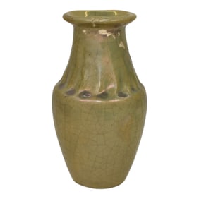 Pewabic Detroit 1920s Art Pottery Green Gold Iridescent Twist Neck Vase