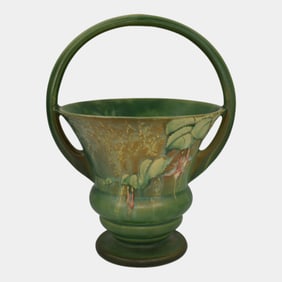 Roseville Fuchsia Green 1938 Vintage Pottery Ceramic Basket 351-10