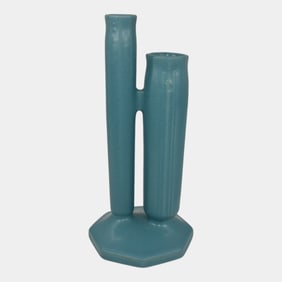 Roseville Russco Matte Blue 1934 Vintage Art Deco Pottery Double Bud Vase 107-8