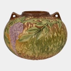 Roseville Wisteria Tan 1933 Vintage Arts And Crafts Pottery Handled Vase 637-6