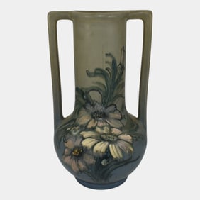 Weller Hudson 1920s Vintage Art Pottery Hand Painted Blue Handled Vase