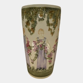 Weller Zona 1920s Art Pottery Woman Figural Scenic Ceramic Umbrella Stand