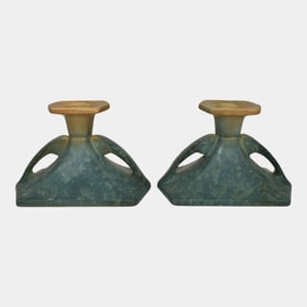 Roseville Futura Blue 1930 Art Pottery Ceramic Candle Holders 1064-3