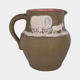 Pisgah Forest 1950 Vintage Art Pottery White Pilgrims Matte Green Cameo Pitcher