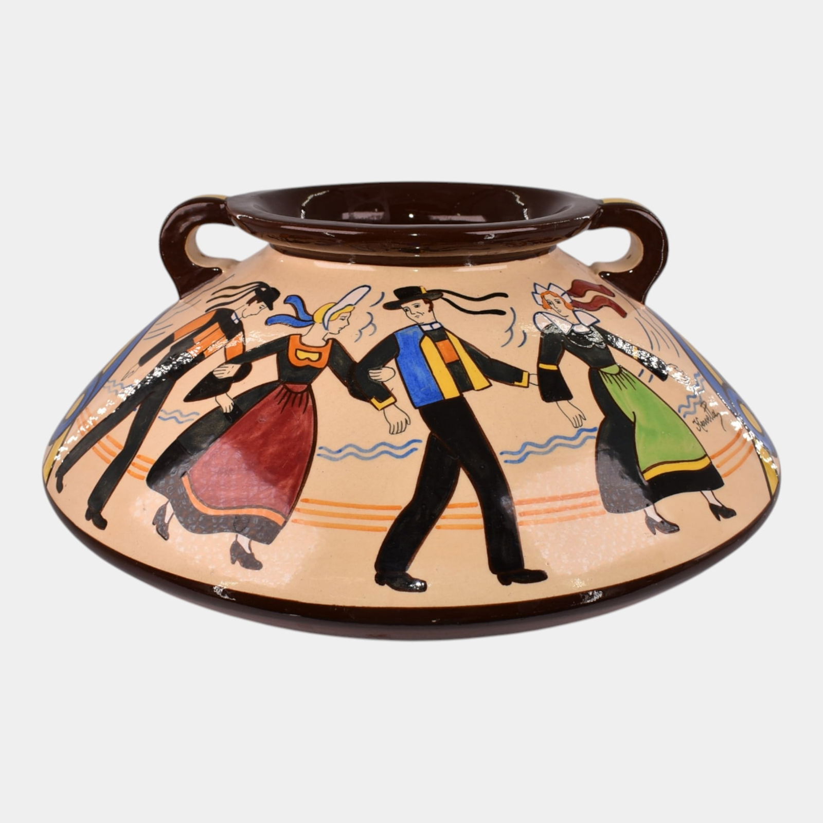 Henriot Quimper Jos Kervella Vintage Art Pottery Brown Tan Folk Dancers Vase 456 (1 of 7)