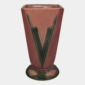Roseville Futura Pink Green 1928 Art Deco Pottery Ceramic Victory Vee Vase 399-7