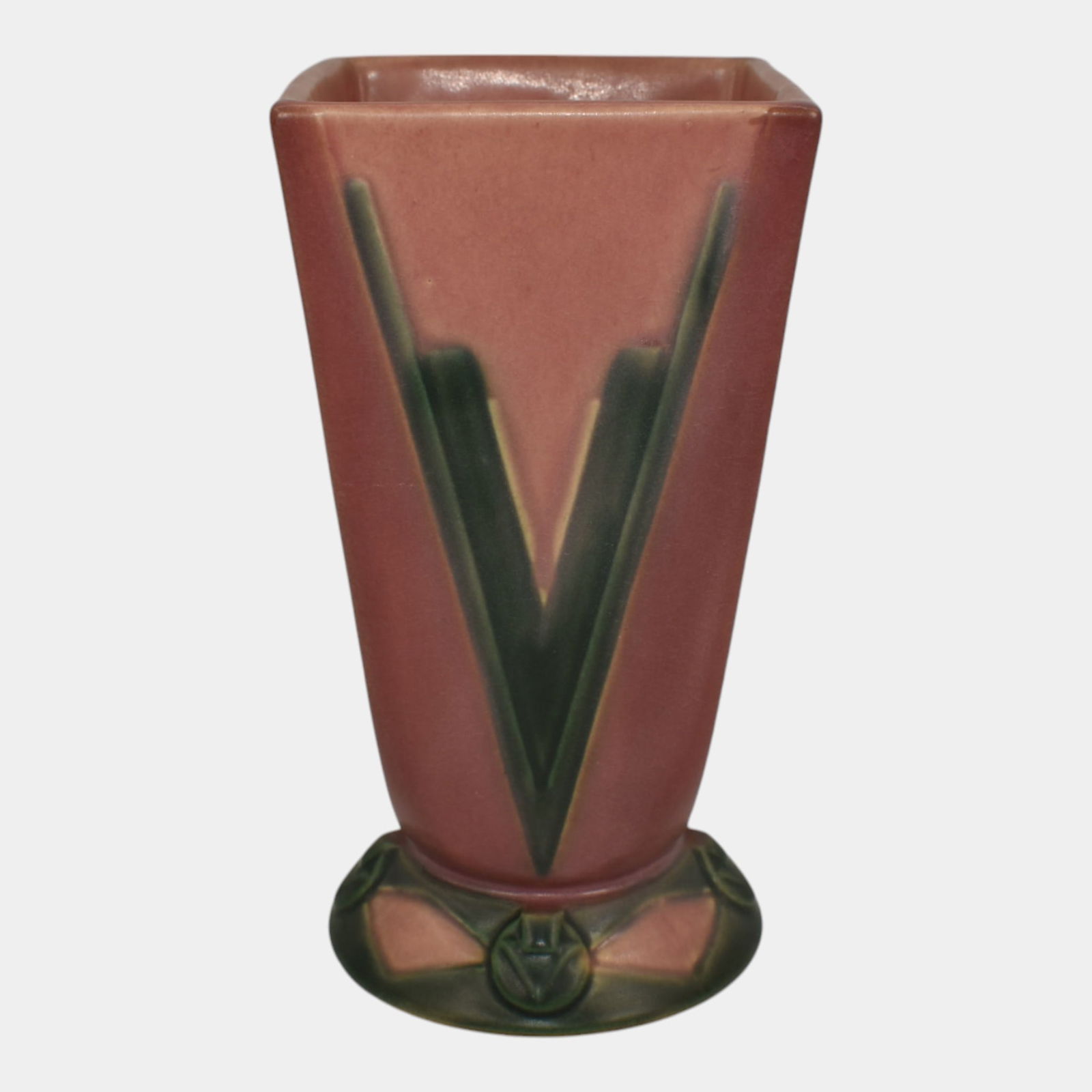 Roseville Futura Pink Green 1928 Art Deco Pottery Ceramic Victory Vee Vase 399-7 (1 of 6)