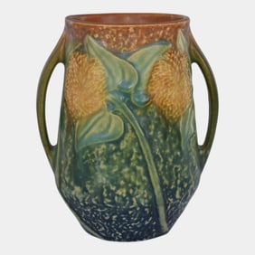 Roseville Sunflower 1930 Vintage Art Pottery Handled Flower Vase