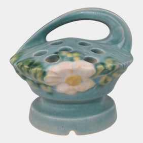 Roseville White Rose Blue 1940 Vintage Art Pottery Ceramic Flower Frog 41
