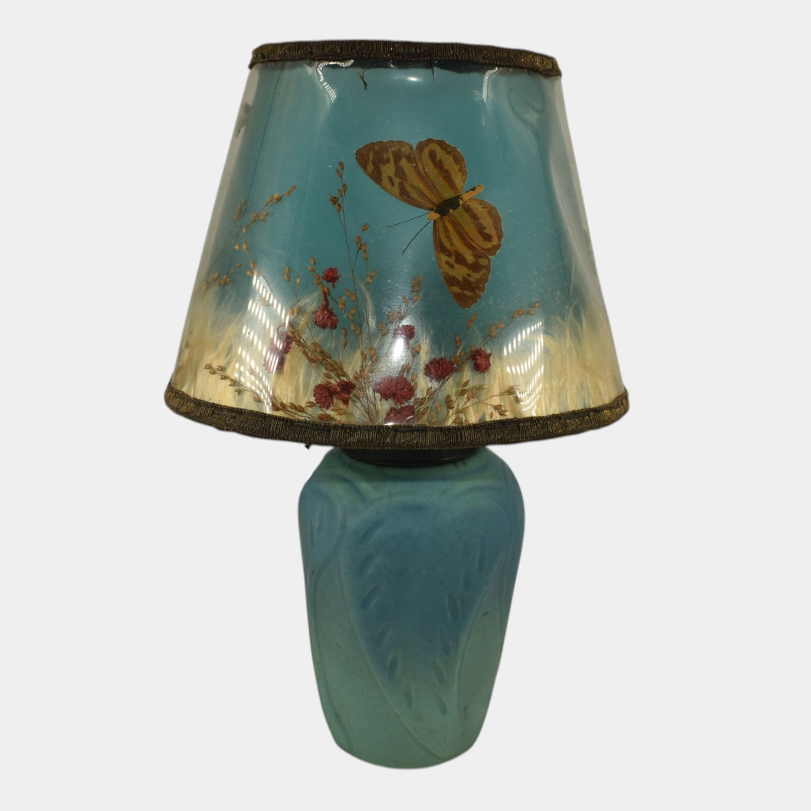 Van Briggle 1930s Vintage Art Pottery Blue Leaves Butterfly Ceramic Lamp (1 of 7)