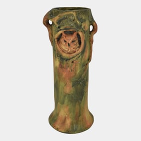 Weller Woodcraft 1920s Vintage Pottery Red Apple Brown Owl Green Ceramic Vase