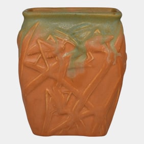 Muncie 1920s Deco Pottery Orange Katydid Pillow Vase
