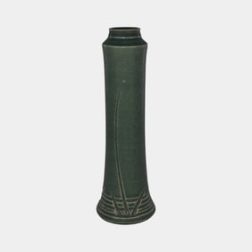 Nichibei Studio Pottery Matte Green Carved Vase Cheryl Constantine