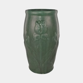Owens Ohio Vintage Arts and Crafts Pottery Matte Green Tulips Vase