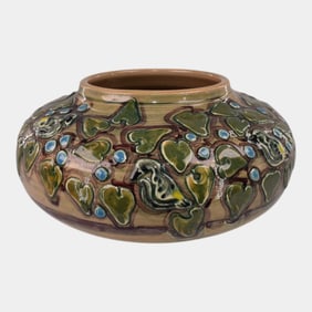 Shearwater Art Pottery Hand Thrown Brown Glaze Ivy And Bird Decorated Vase