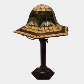 Suess Ornamental Vintage Floral Leaded Glass Bronze Table Lamp