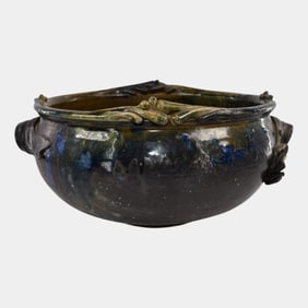 Don Reitz Studio Pottery Hand Made Blue Tan Double Handled Bowl