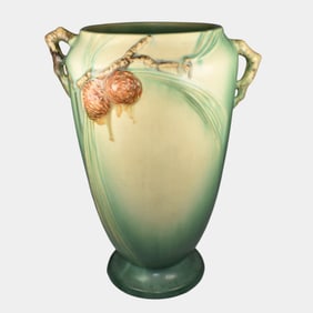 Roseville Pine Cone Green 1936 Vintage Art Pottery Ceramic Handled Vase 709-10
