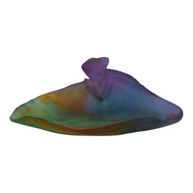 Daum Nancy France Art Glass Rainbow Crystal Chameleon On Leaf Bowl