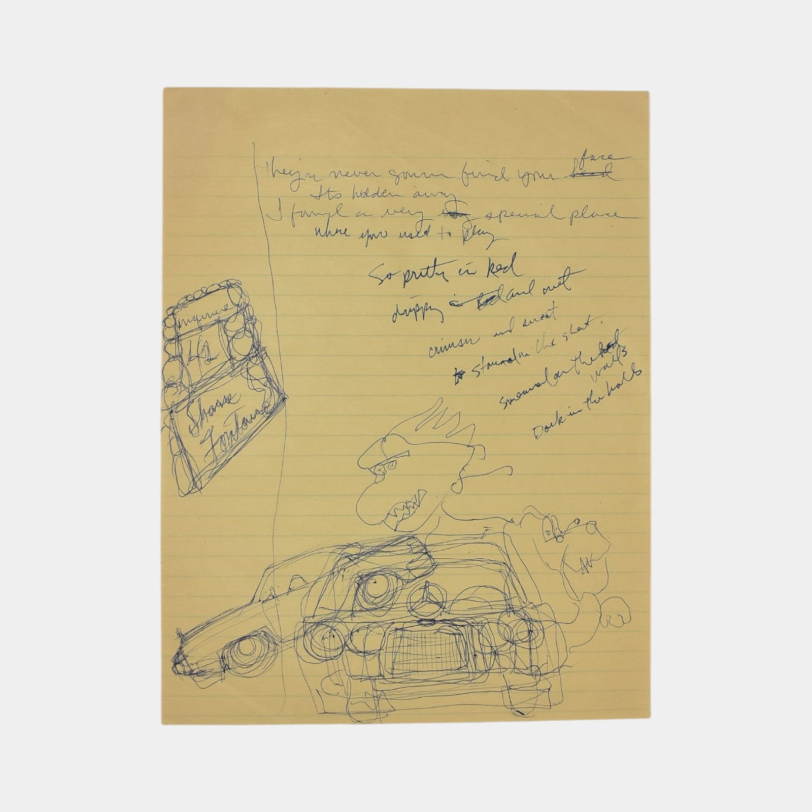 Alice Cooper Hand Written Lyric Sheet And Original Hand Drawn Sketch COA: We offer in house shipping on all items. Plus spend $2000 on winning bids and your shipping is free. Alice Cooper Hand Written Lyric Sheet And Original Hand Drawn Sketch COA Rare and personal, this or