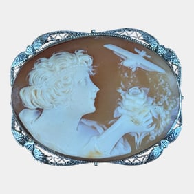 Art Deco 14K White Gold Cameo Brooch with Airplane Motif