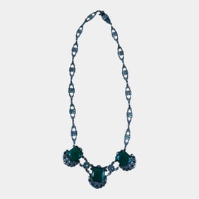 Art Deco Vintage Rhinestone and Green Onyx Stone Necklace