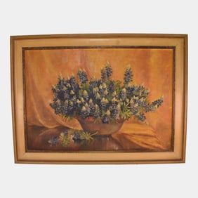 20th Century Unsigned Oil On Canvas Still Life Of Texas Bluebonnets