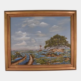 Vivian Stecker (American) Oil On Canvas Texas Bluebonnets Landscape Painting