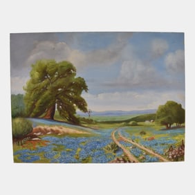 Signed Victoria, Oil on Canvas Texas Bluebonnet Landscape Painting