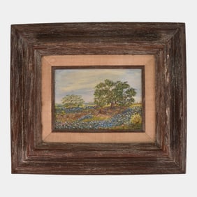 Allie (American) Oil on Board Texas Bluebonnet Landscape, Dated 1974