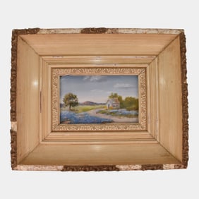 Unsigned Oil on Board Texas Bluebonnet Landscape with Cottage Painting Framed