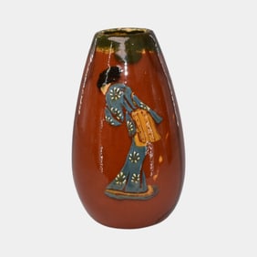 Weller Pottery Rhead Faience Birdimal Oriental Woman Brown Ceramic Vase 15