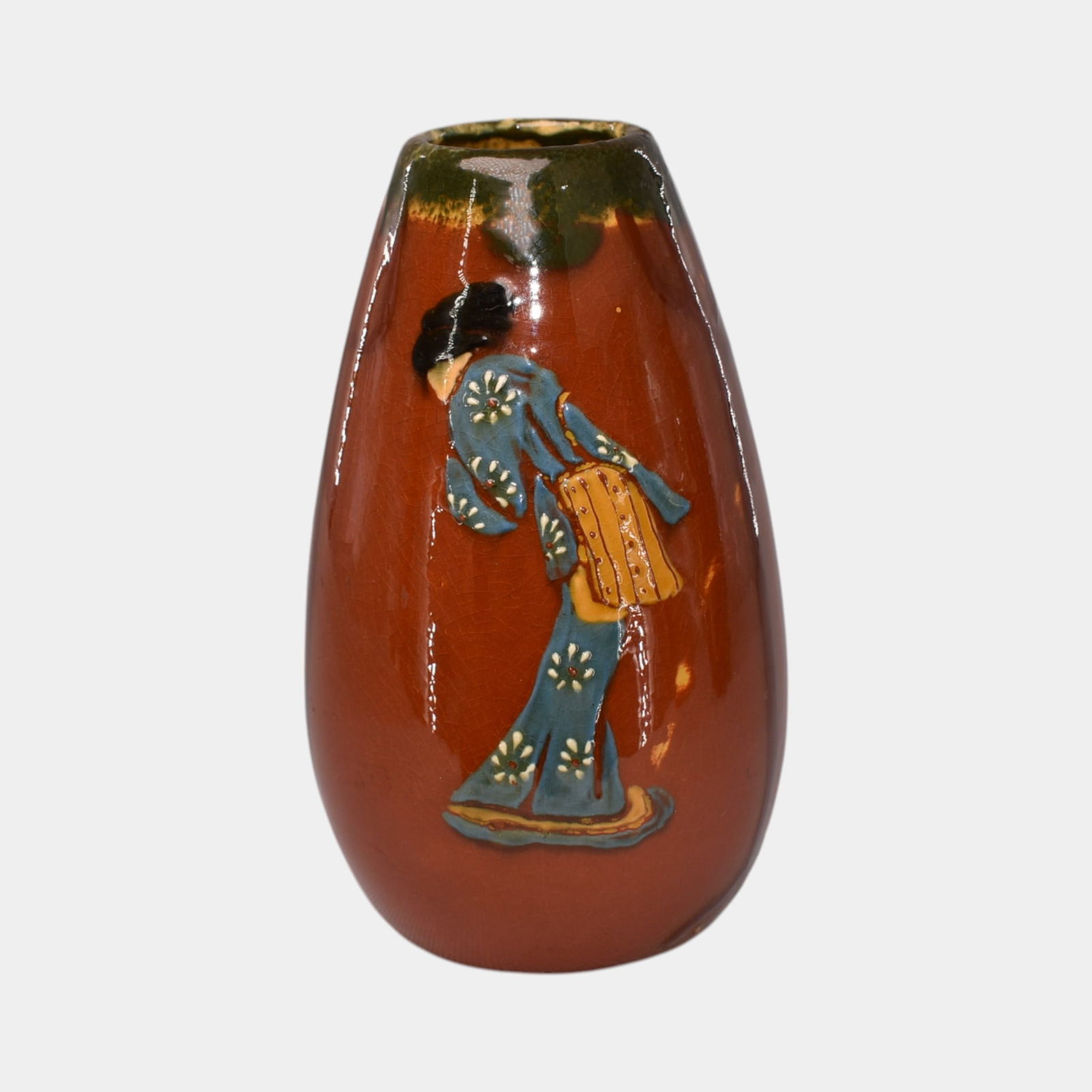Weller Pottery Rhead Faience Birdimal Oriental Woman Brown Ceramic Vase 15